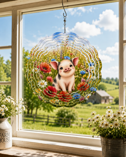 Decorative hanging with a pig illustration and flowers, placed on a windowsill with a scenic view outside.