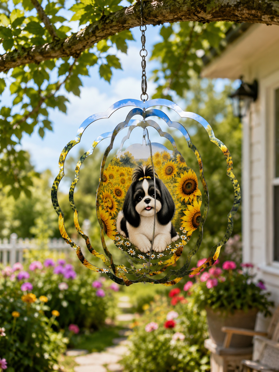 Decorative hanging ornament with a dog and sunflower design in a garden setting.