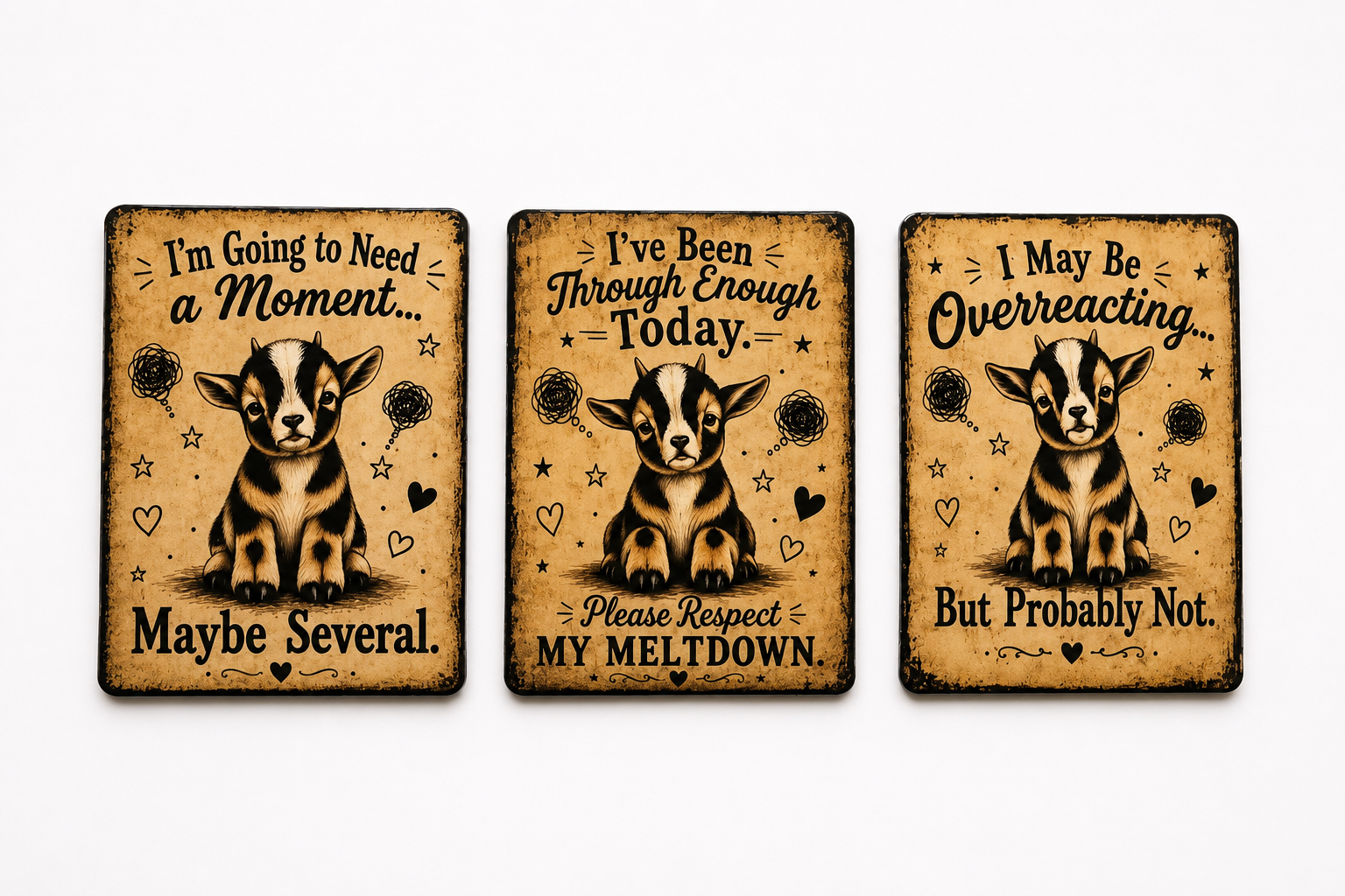 Three rectangular decorative signs with rounded corners displayed side by side on a light gray background. Each sign features a distressed tan background with black text and an illustration of a goat.