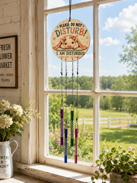 Decorative sign with pig illustration and text hanging by a window with a view of a garden.