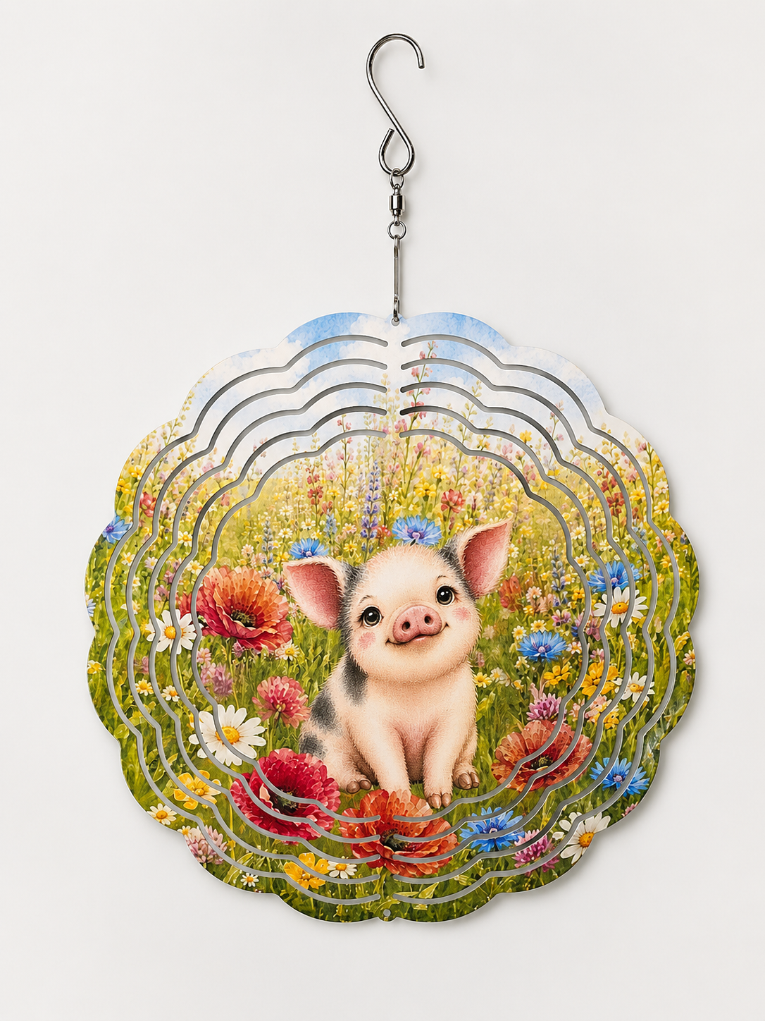 Decorative hanging with a pig illustration in a field of flowers on a white background