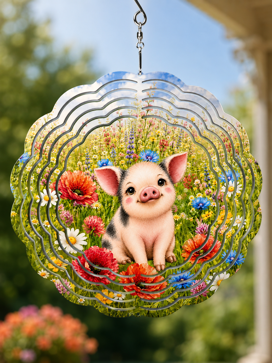 Decorative hanging ornament with a piglet and flowers