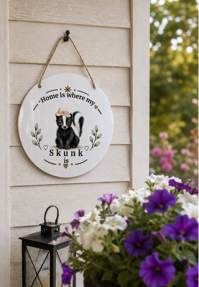 Round white hanging wall sign with a skunk illustration and the phrase 'Home is where my Skunk is' displayed on a porch next to a black lantern and flower pots.