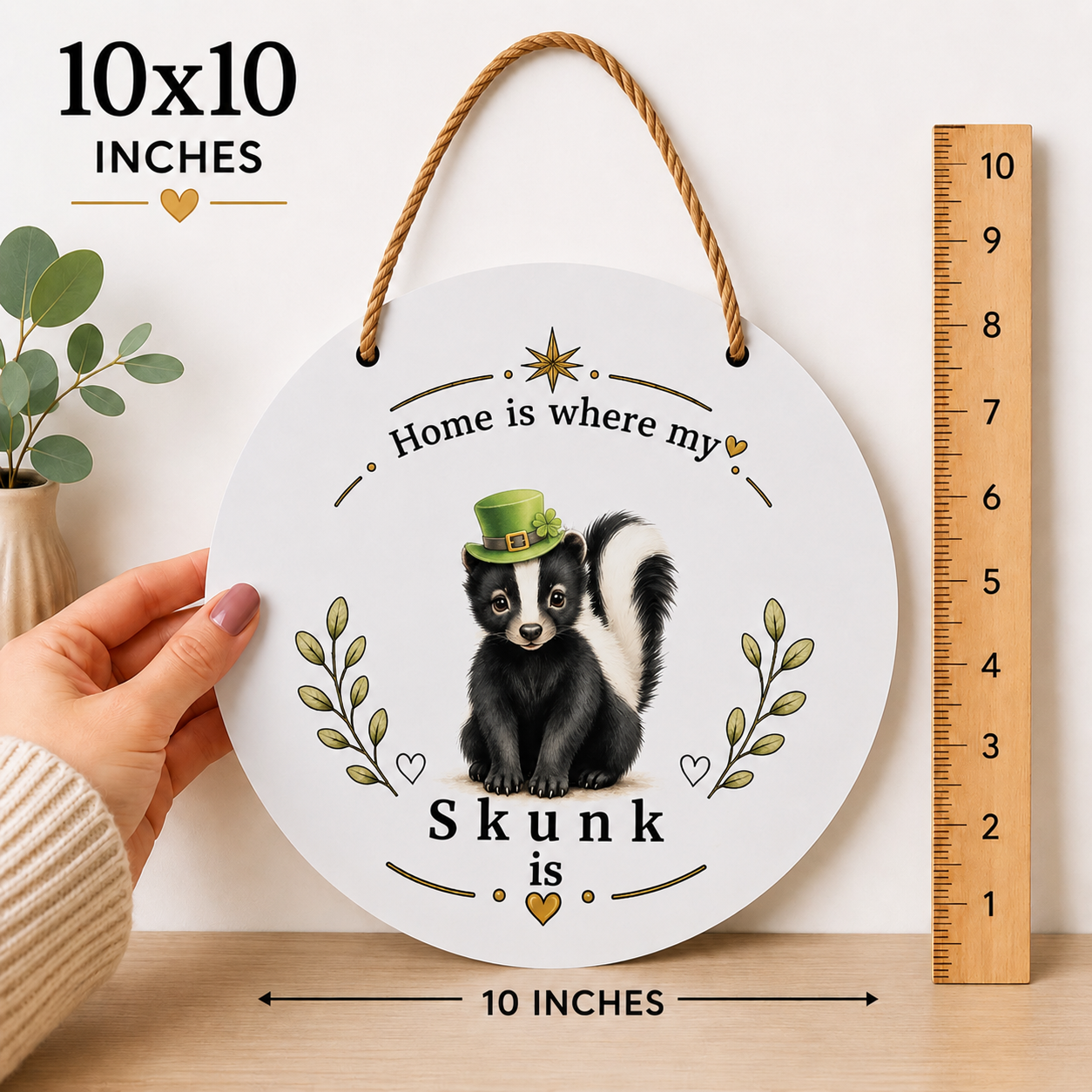 A round white hanging wall sign with a rope handle, featuring a skunk illustration and the text 'Home is where my Skunk is.' A hand holds the left side of the sign, with a wooden ruler on the right and size text overlays reading 10x10 inches and 10 inches.