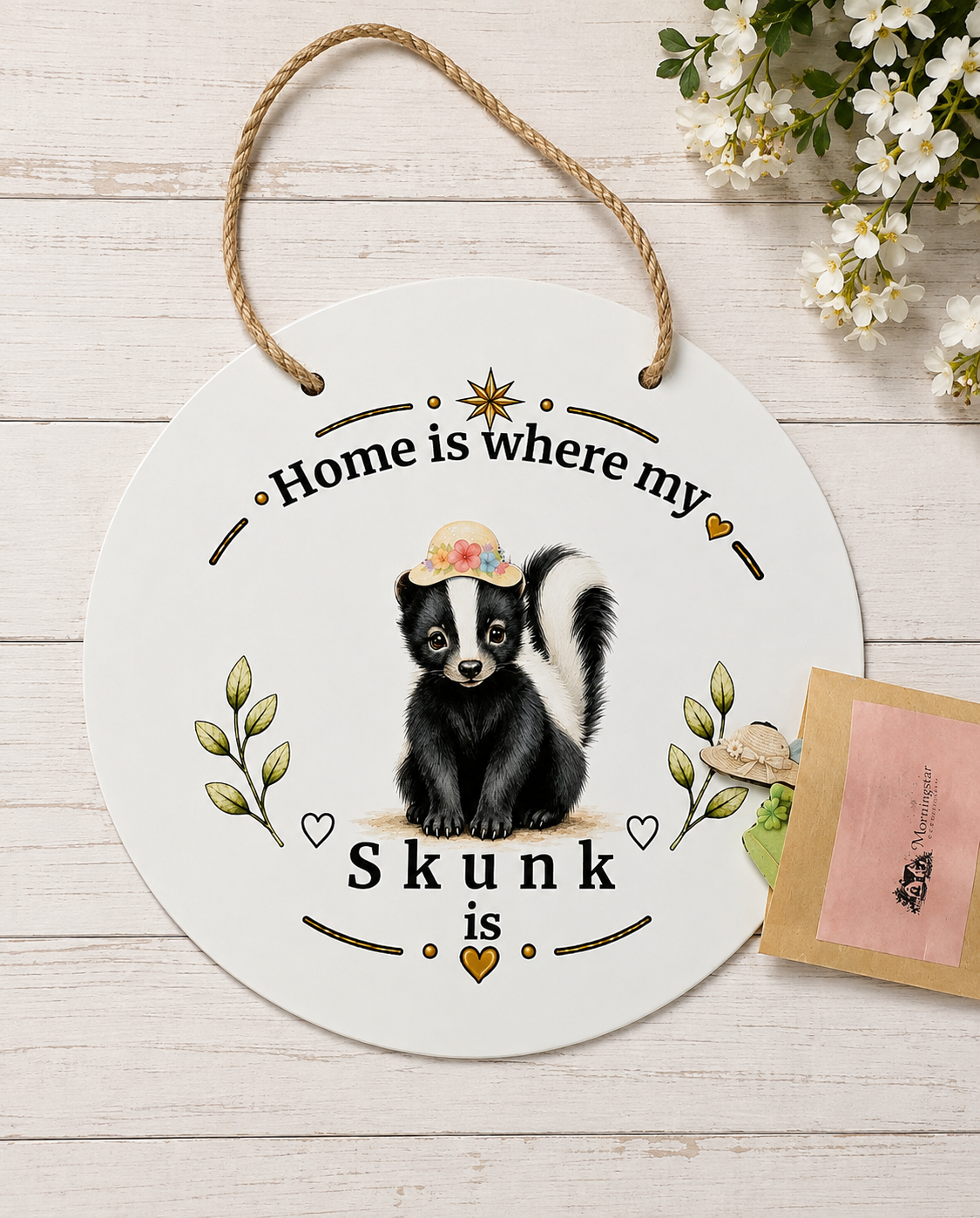 A round white hanging sign with a rope handle, printed with the phrase 'Home is where my Skunk is' and an illustration of a black-and-white skunk wearing a small flower hat. The sign is styled on a white wood surface with small white flowers and a pink card nearby.