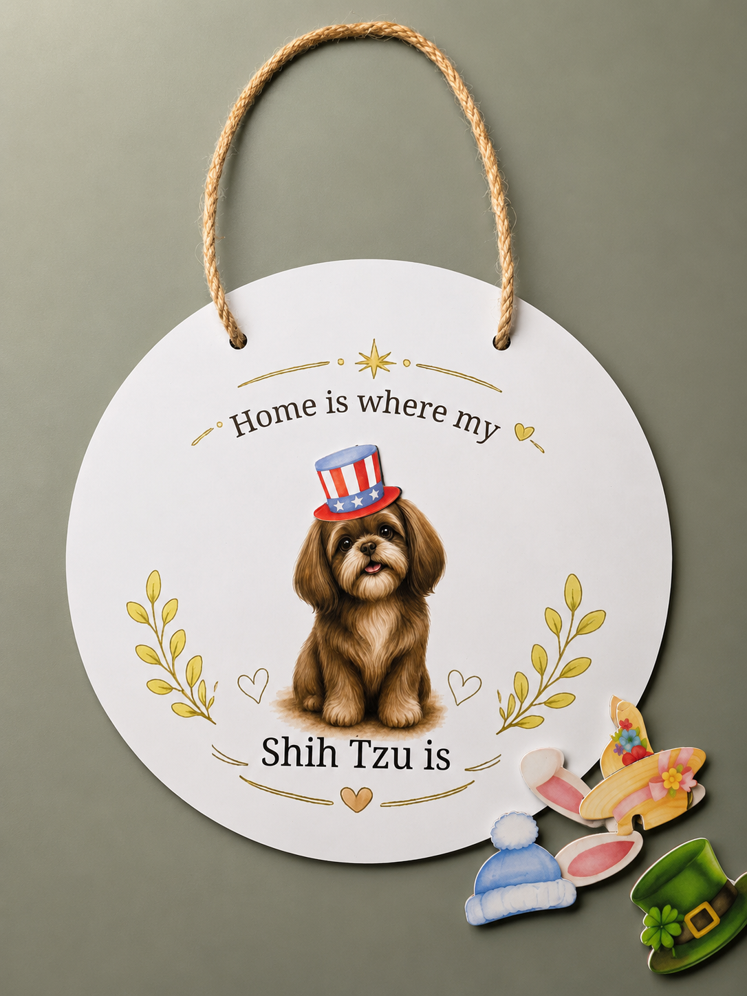 Round METALsign with a Shih Tzu dog wearing an American flag hat on a green background.