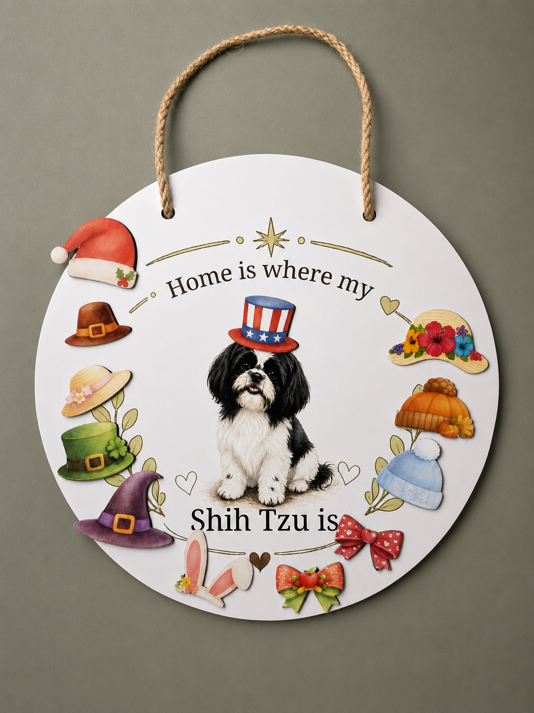 Decorative sign with a Shih Tzu dog and various hats on a white background