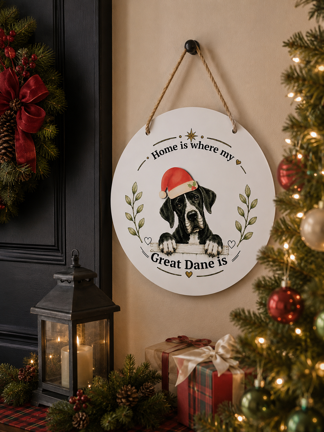 Decorative sign with a Great Dane illustration and text 'Home is where my Great Dane is' hanging on a wall with Christmas decorations.