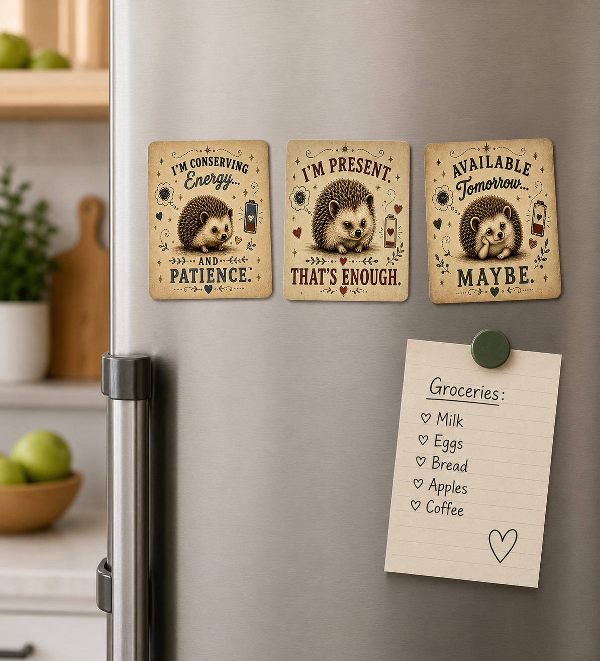 Three square hedgehog-themed refrigerator magnets are displayed on a stainless steel fridge, alongside a paper grocery list note. The background shows a softly blurred kitchen scene with green apples and a wooden bowl.