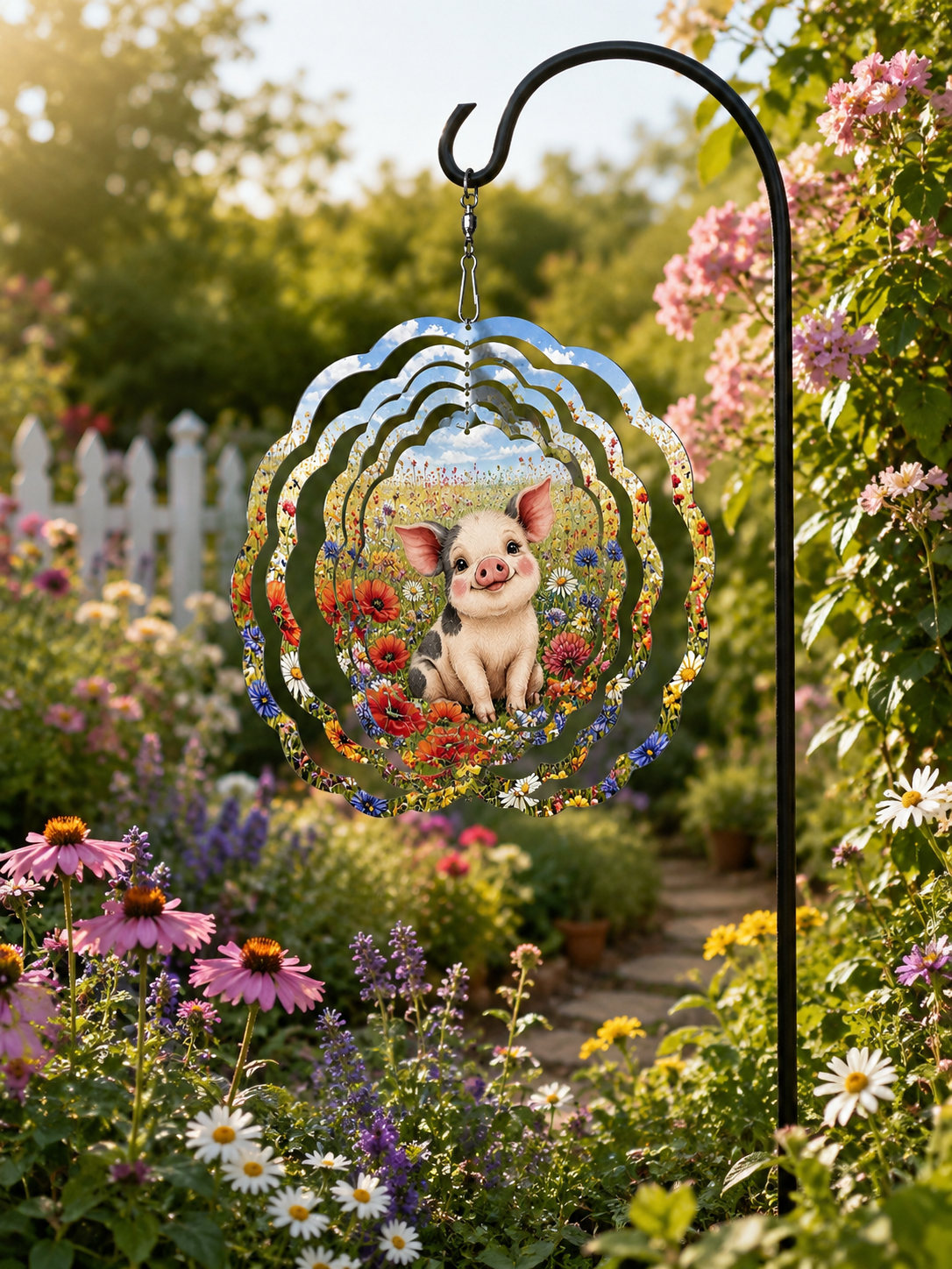 Decorative garden ornament with a pig design in a floral setting, hanging in a garden.