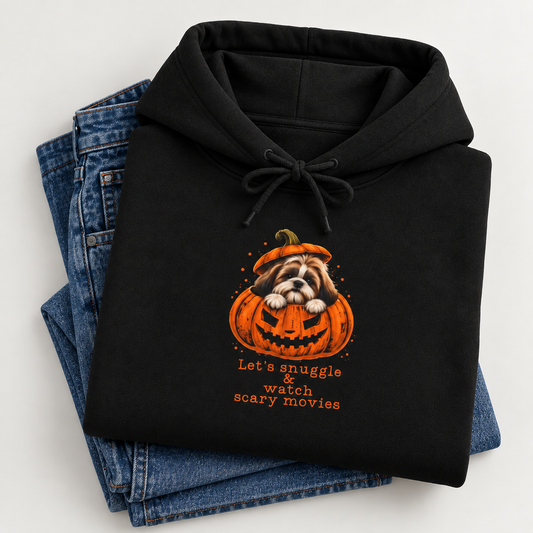 A black pullover hoodie with a Halloween graphic of a Shih tzu in a pumpkin and the text 'Let's snuggle & watch scary movies', styled on top of folded blue jeans against a light gray background.