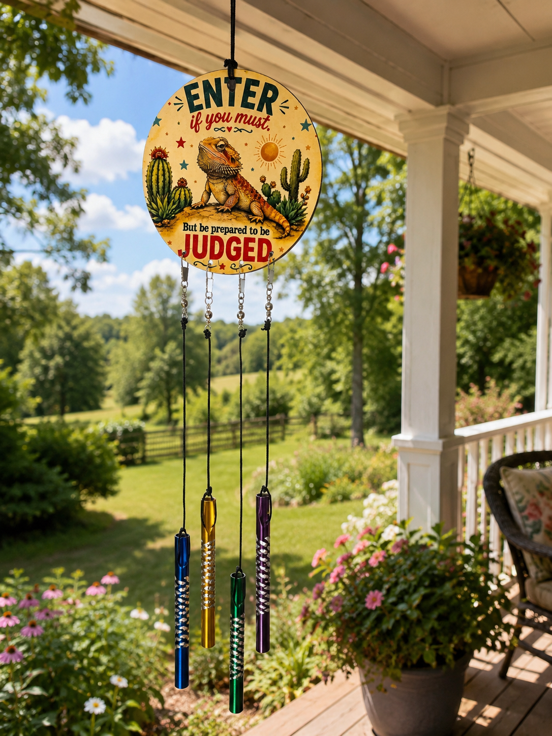 Decorative wind chime with cactus design on a porch with garden view