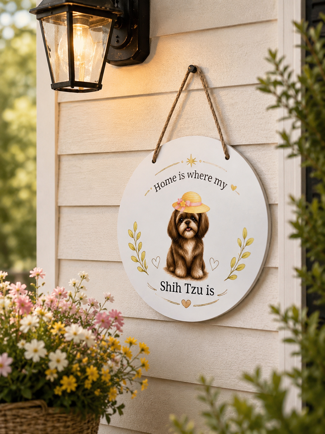 Decorative sign with a Shih Tzu illustration and text on a wall with flowers and a light fixture.
