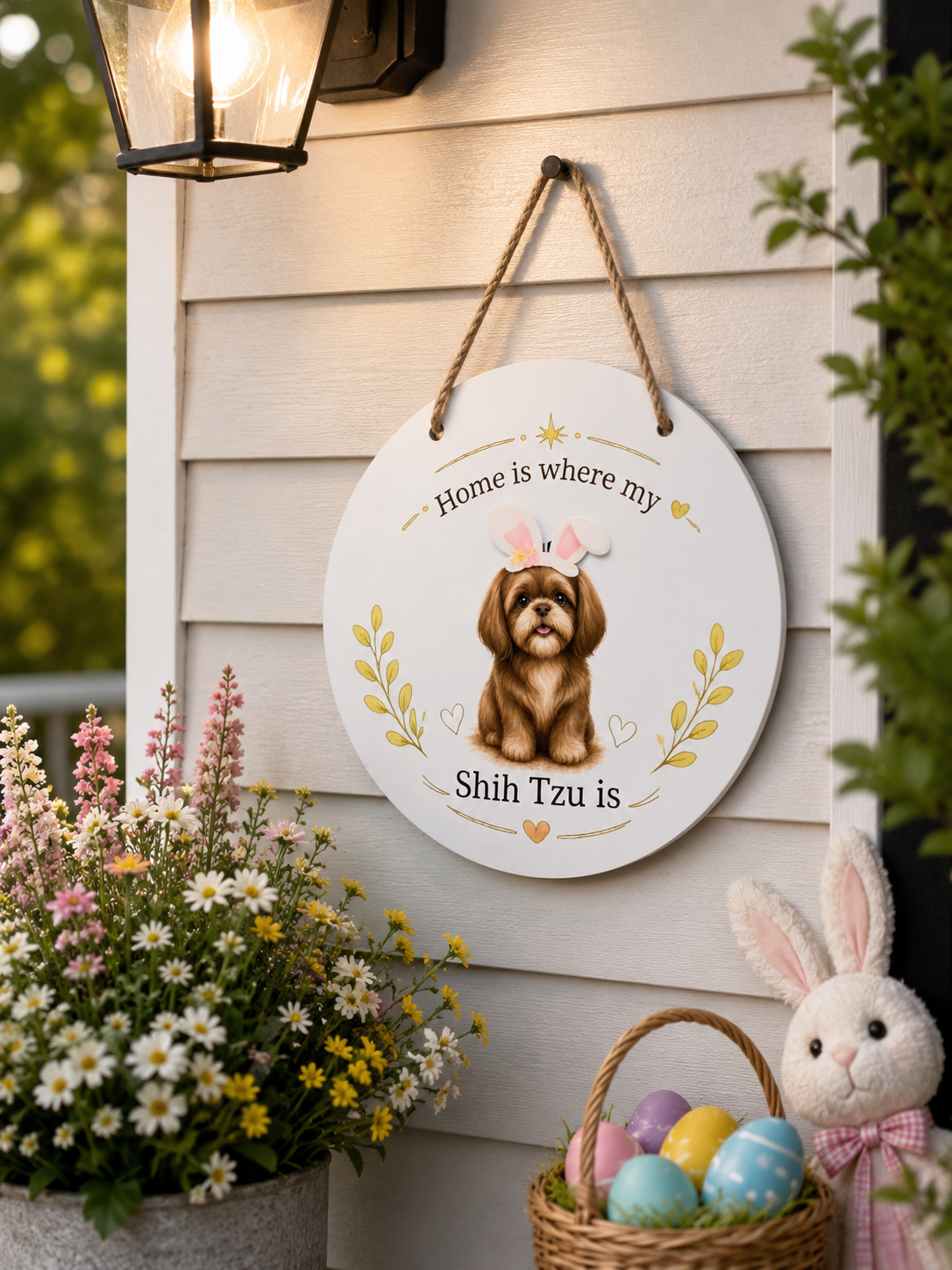 Decorative sign with a Shih Tzu dog illustration and Easter eggs, hanging on a wall with flowers and a rabbit toy below.
