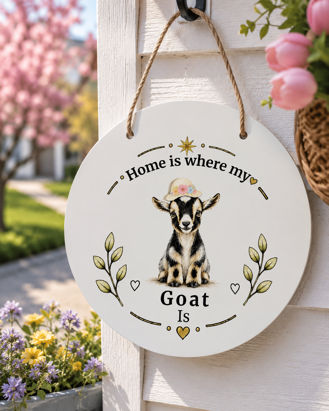 Round white decorative hanging plaque with a goat illustration and the phrase “