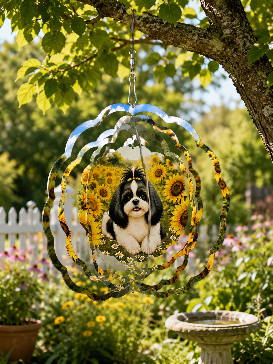 Decorative wind spinner with a Shih Tzu design hanging from a tree in a garden.