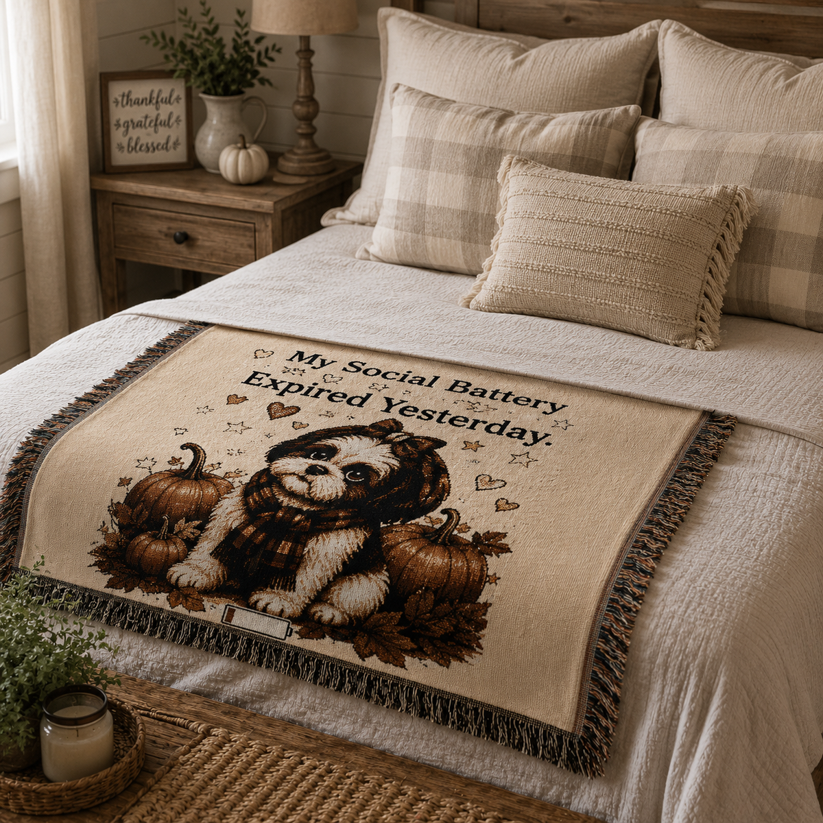 A cozy beige throw blanket with fringe is draped over a bed in a styled bedroom. The blanket features a graphic of a dog sitting among pumpkins and autumn leaves, with the text 'My Social Battery Expired Yesterday.