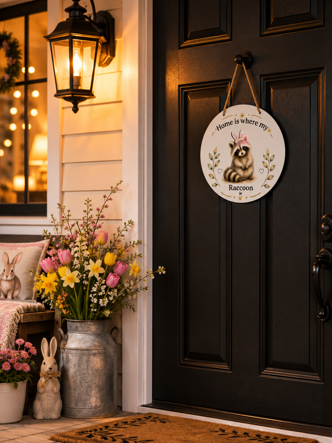 A round white hanging sign with a raccoon illustration and the text 'Home is where my Raccoon' is displayed on a black front door at a cozy house porch. The porch features a lit lantern, a metal milk can filled with pink and yellow flowers, bunny figurines, and a warm welcome atmosphere.