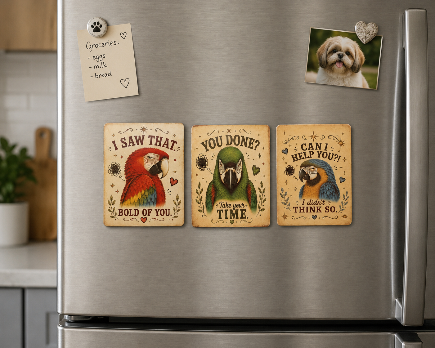 Three decorative refrigerator magnets featuring colorful parrot illustrations and motivational phrases are shown on a stainless steel fridge in a kitchen setting. A grocery list note and a pet photo are also visible on the fridge.