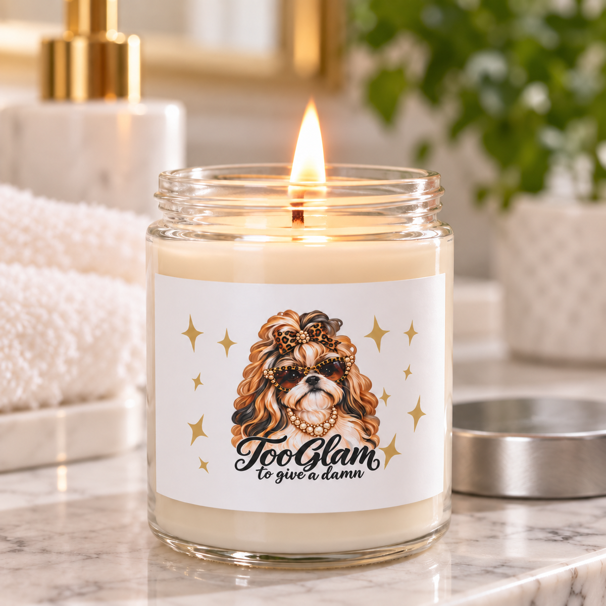 Shih Tzu Candle – Too Glam to Give a Damn, 9 oz Soy Wax Blend