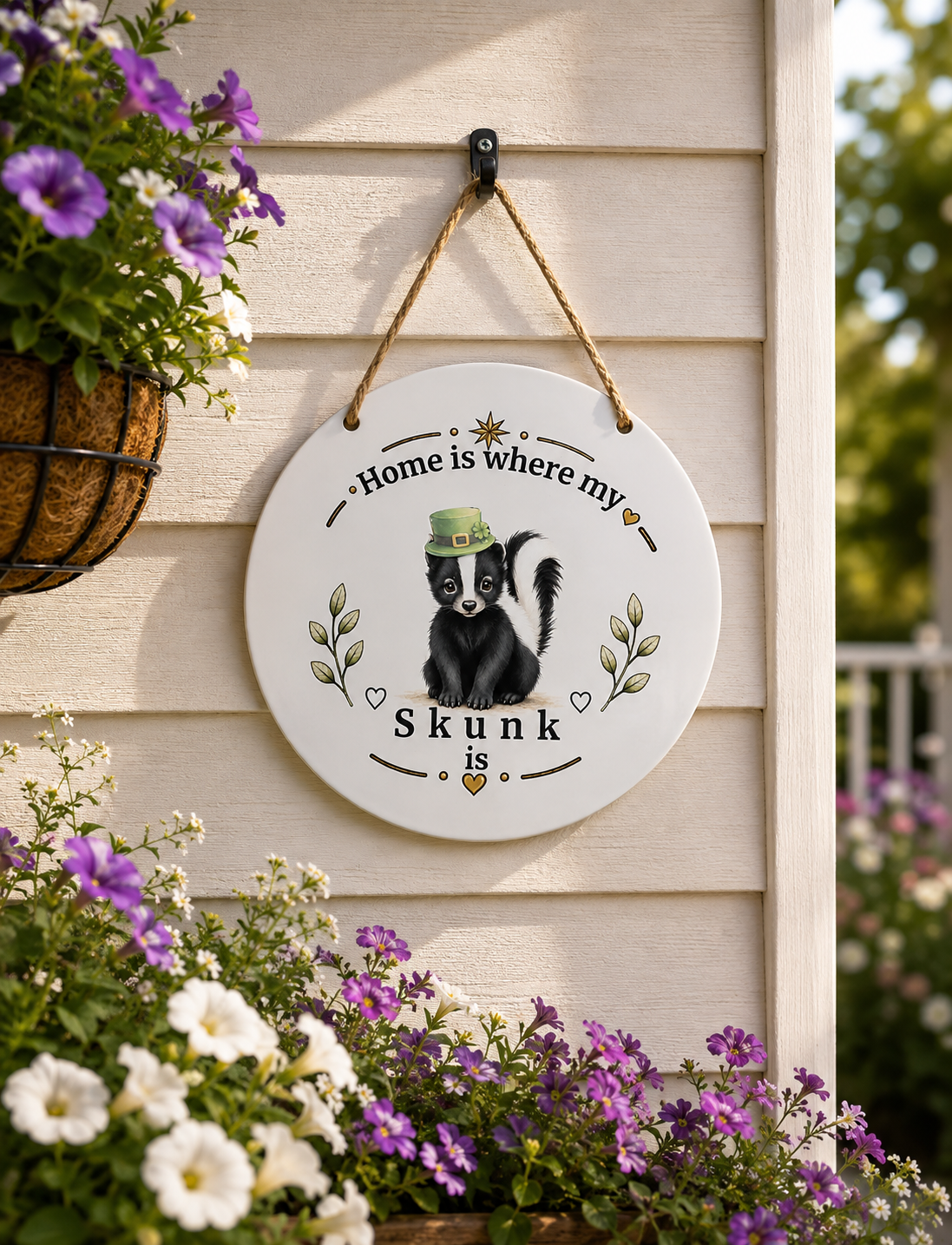 Round white decorative wall sign hanging on a beige house exterior, featuring a black SKUNK wearing a green hat with the text 'Home is where my Skunk is' and floral accents. Purple and white flowers are visible in the foreground and background.