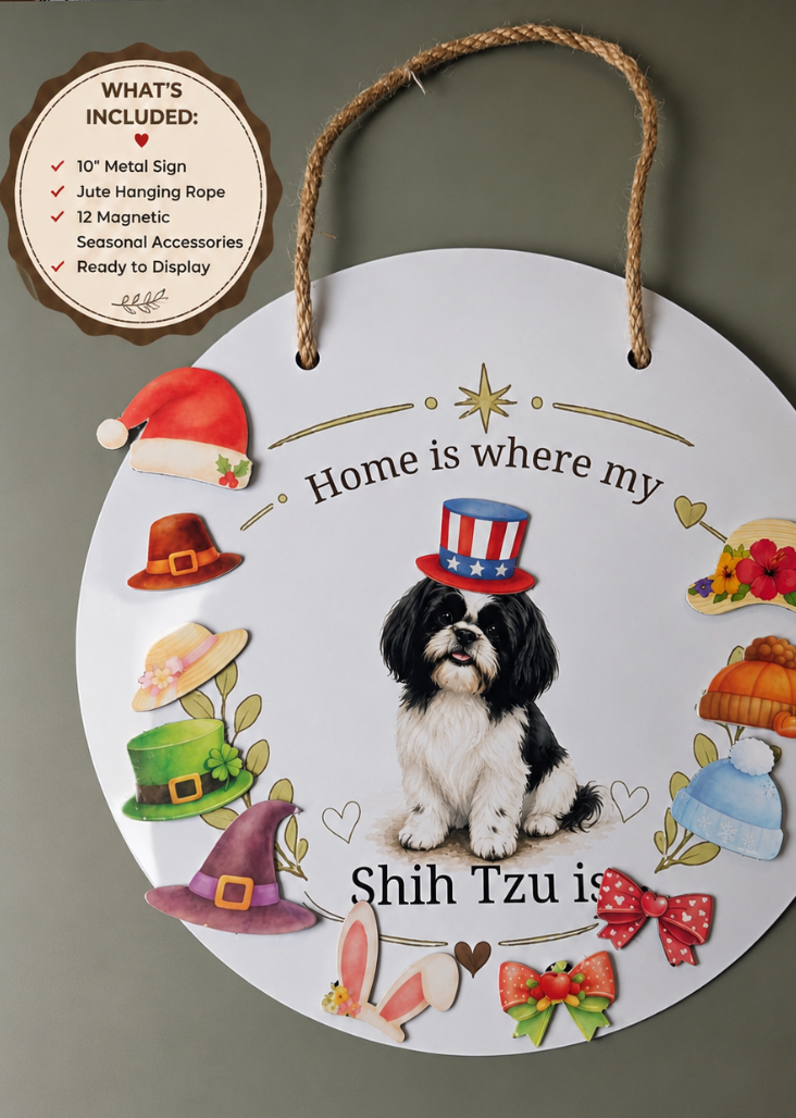 Round METAL sign with a Shih Tzu illustration and decorative elements on a green background.