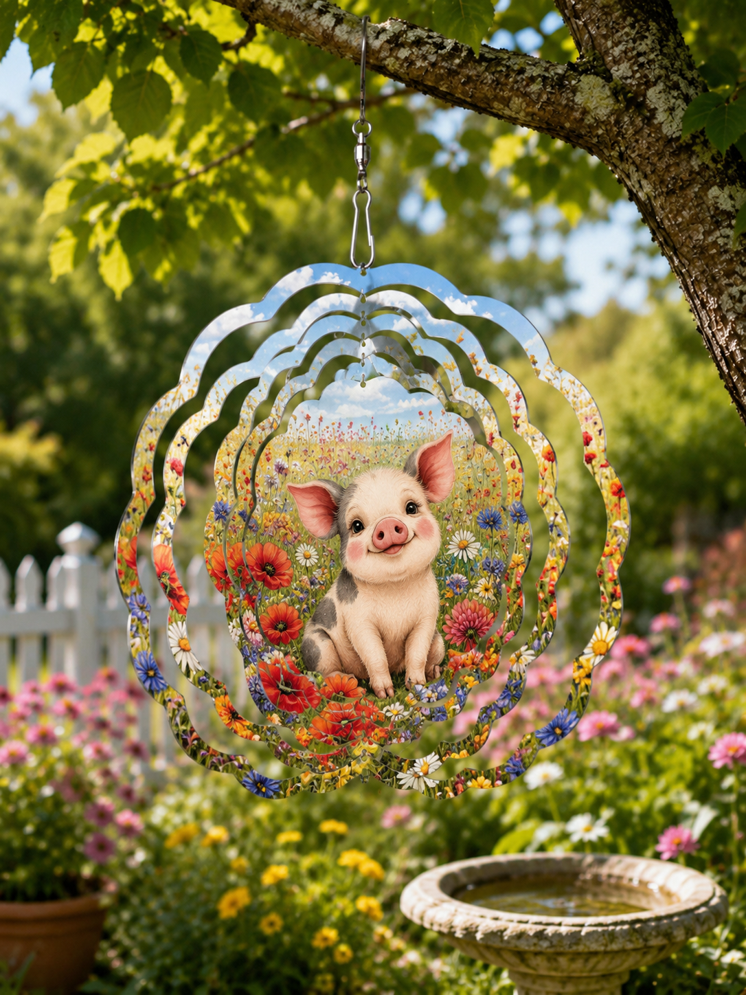 Decorative wind chime with a pig design hanging in a garden.