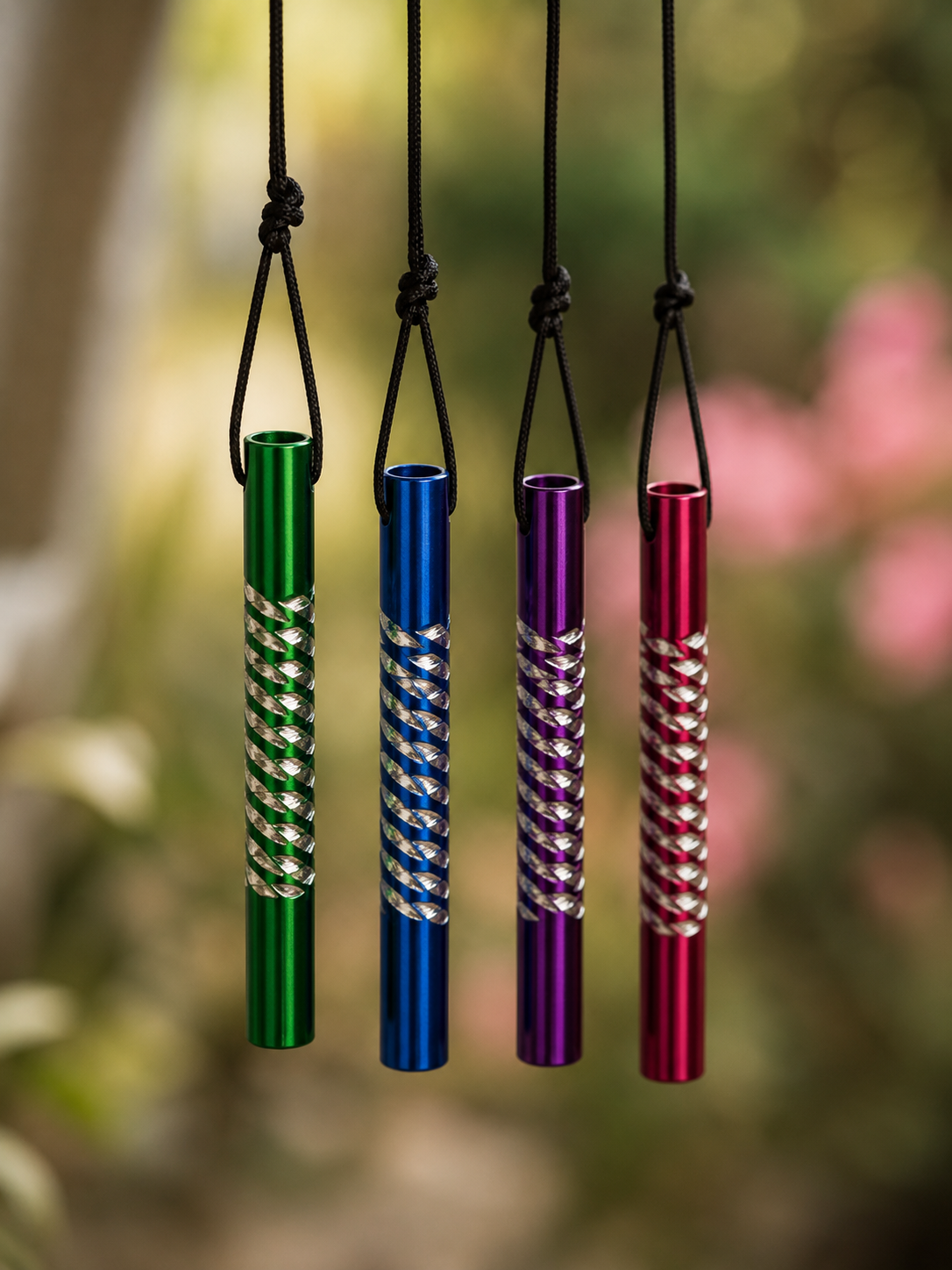 Four colorful metal pendulums on black strings against a blurred natural background