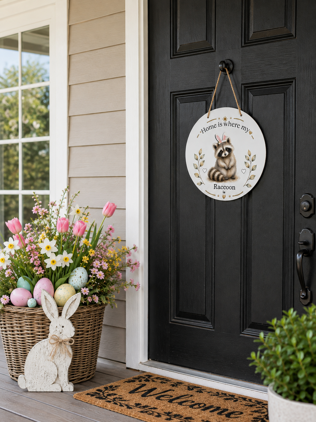 A round decorative hanging sign with a raccoon illustration and the words 'Home is where my Raccoon' is displayed on a black front door. The scene is styled as a welcoming porch with a wicker basket of tulips and Easter eggs, a white bunny decoration, and a 'Welcome' doormat.