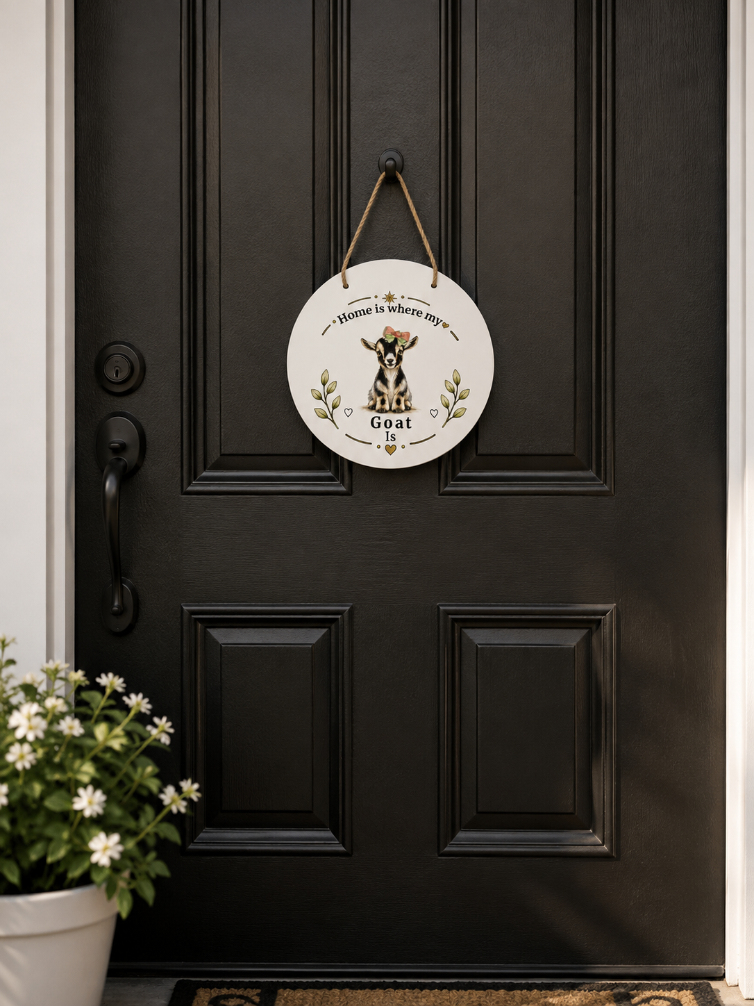 A round white hanging sign with a goat illustration and the words 'Welcome to wherever goat' is suspended by twine from a black front door. A potted plant is visible at the lower left.