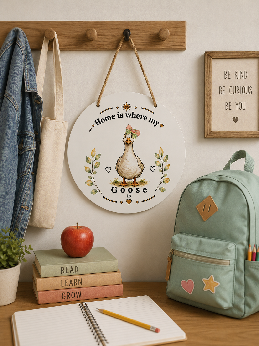 A round white wall hanging with a goose illustration and the text 'Home is where my Goose' is displayed on a wooden wall hook in a styled room scene. The scene includes a mint green backpack, stacked books, a red apple, a notebook, and a denim jacket.