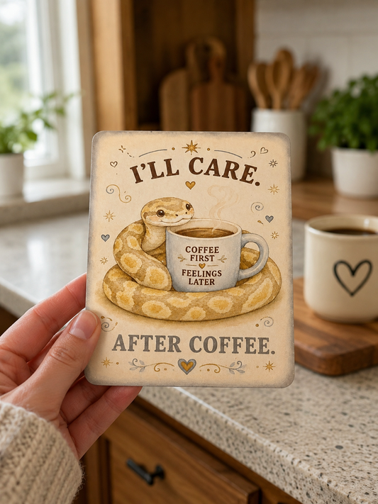 Person holding a decorative snake-themed magnets and coffee cup design in a kitchen.