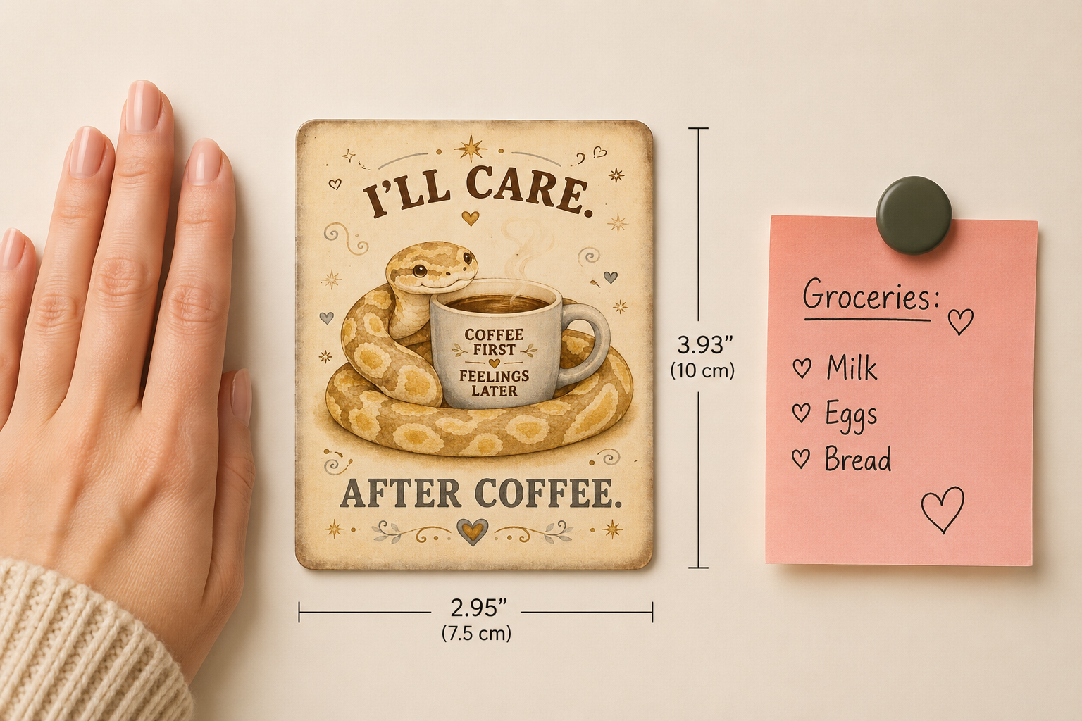 Decorative sign with snake and coffee cup illustration, next to a pink notepad with groceries list, on a beige background.