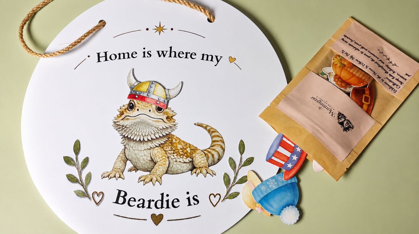 Decorative sign with a beardie illustration and text on a light green background