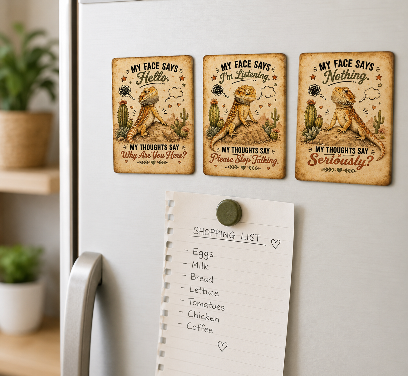 Three decorative magnets with lizard designs on a refrigerator door next to a shopping list.