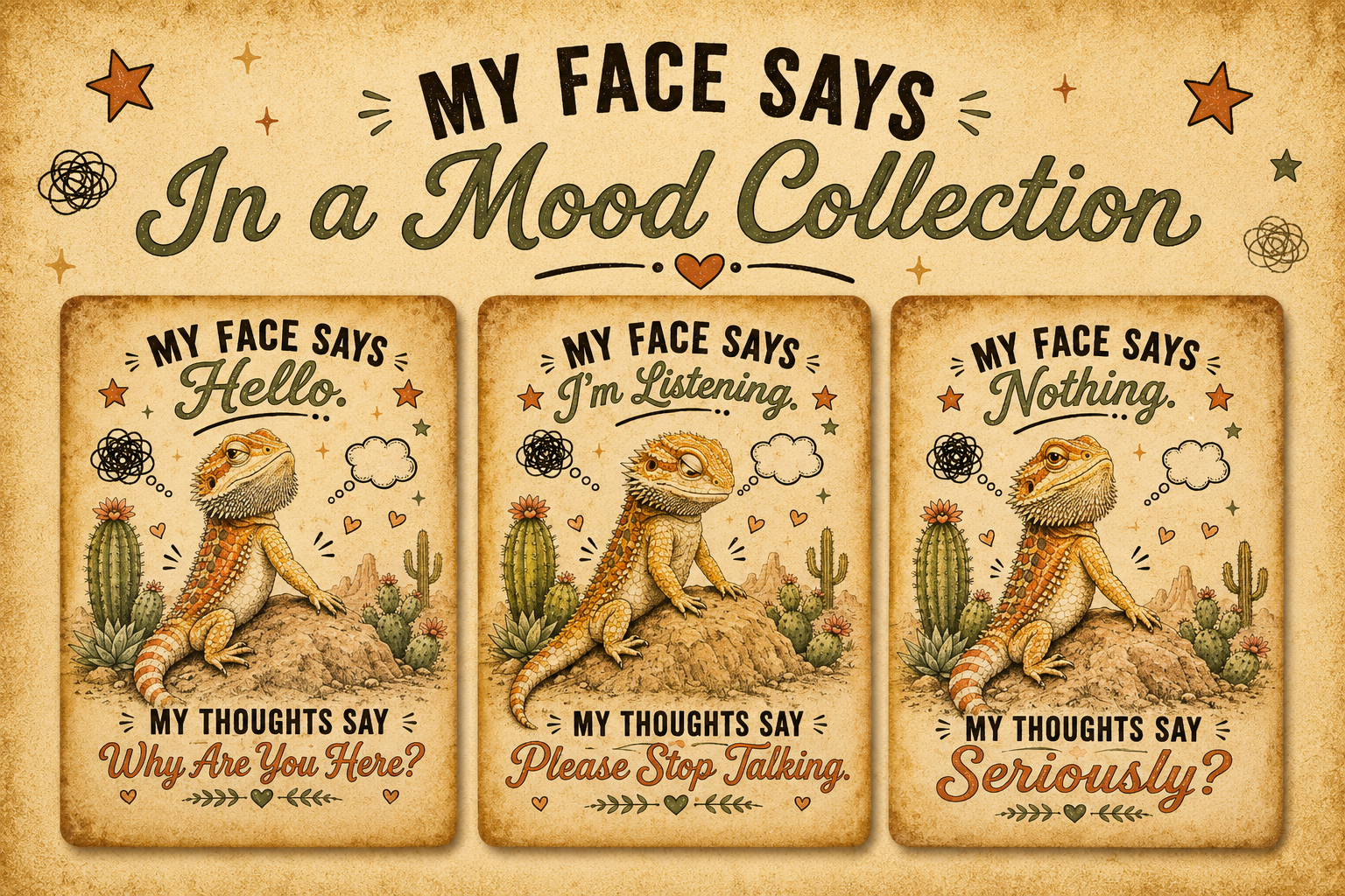 Three vintage-style cards with a lizard illustration and humorous text on a beige background.