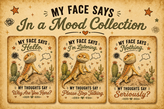 Three vintage-style cards with a lizard illustration and humorous text on a beige background.