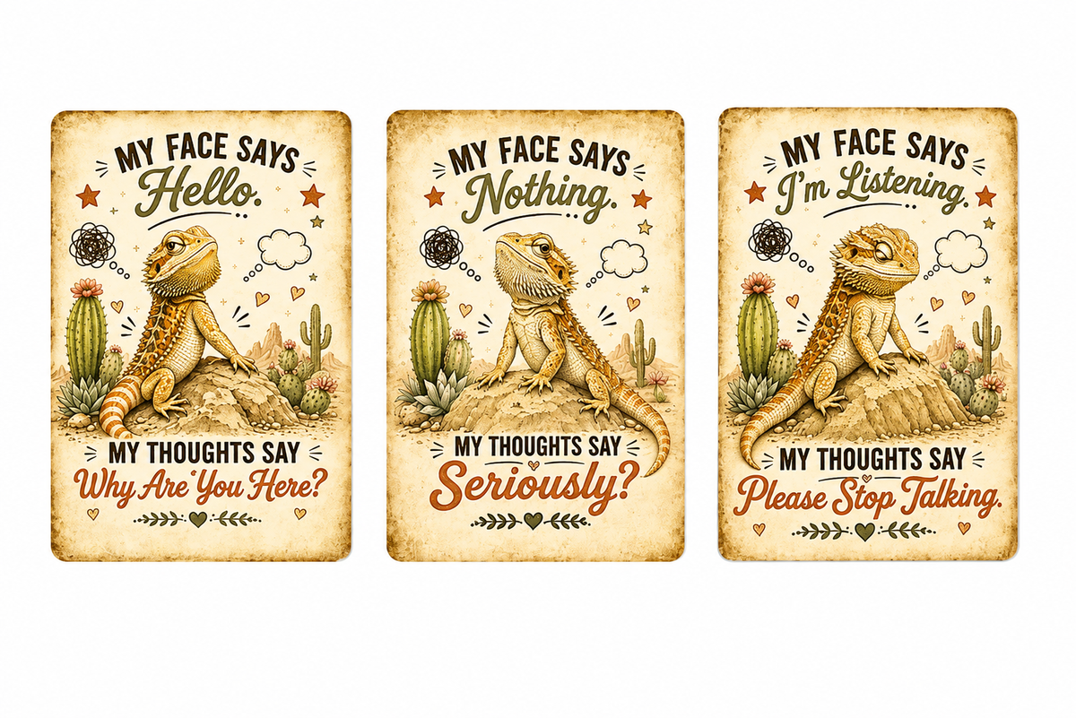 Three vertical decorative signs with a western desert theme, featuring an illustrated bearded dragon, cacti, and humorous text about facial expressions and listening.