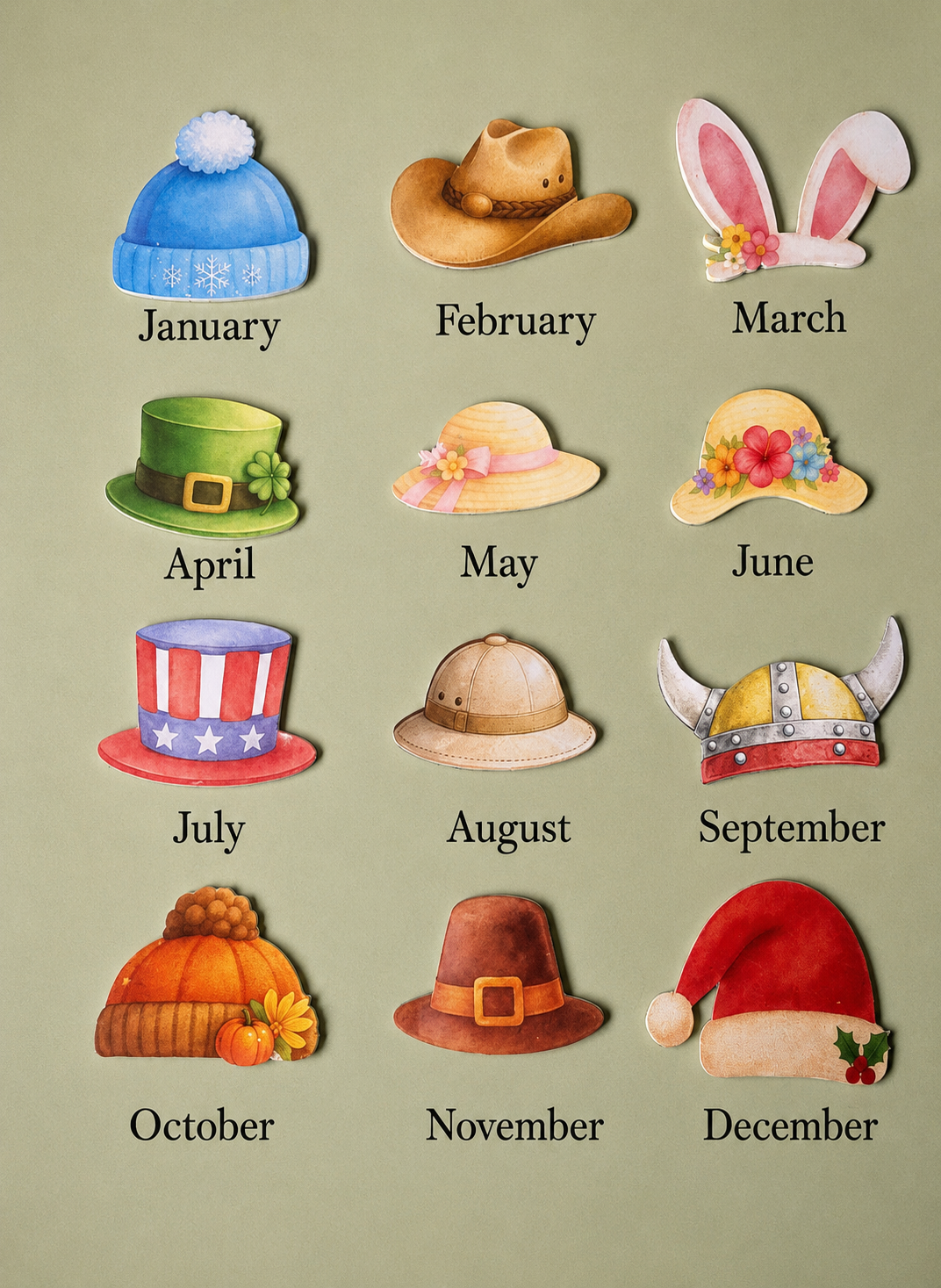 Illustrations of hats for each month on a green background