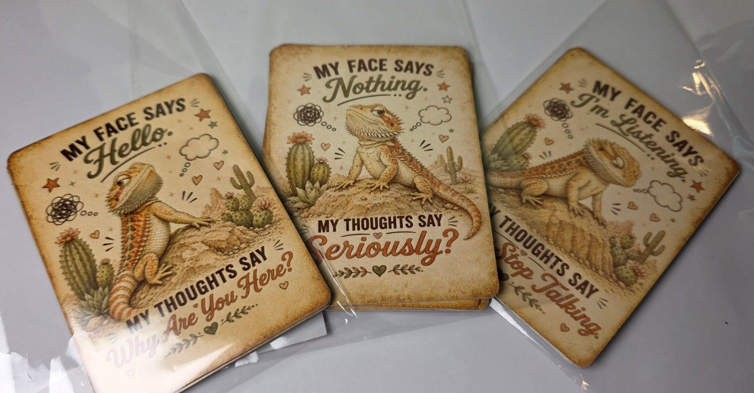 Three decorative magnets with beardie lizard illustrations and humorous text on a white background.
