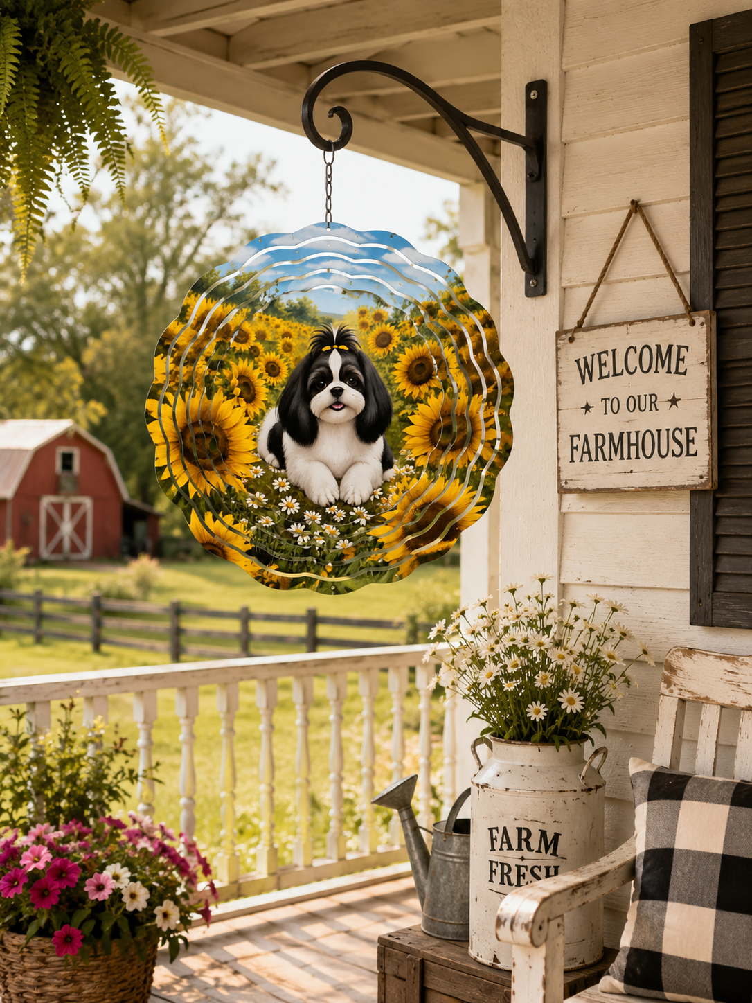 A decorative hanging sign featuring a black and white dog surrounded by yellow sunflowers and blue water, displayed on a rustic white porch with a 'Welcome to Our Farmhouse' sign and garden plants.