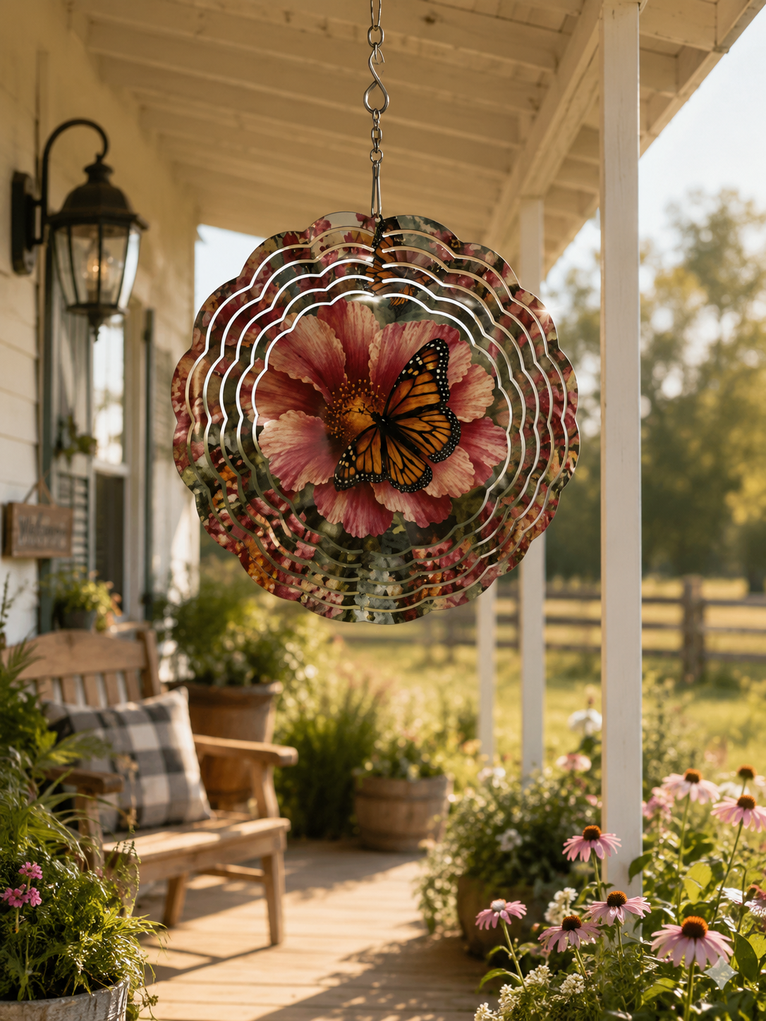 A circular metal wind spinner hanging on a porch, decorated with a large pink flower and an orange-and-black butterfly motif. The porch has a wooden bench, potted plants, and a warm outdoor garden background.