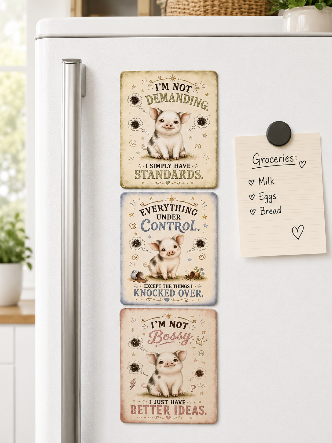 Fridge with mini pig-themed magnets and a note on a white fridge