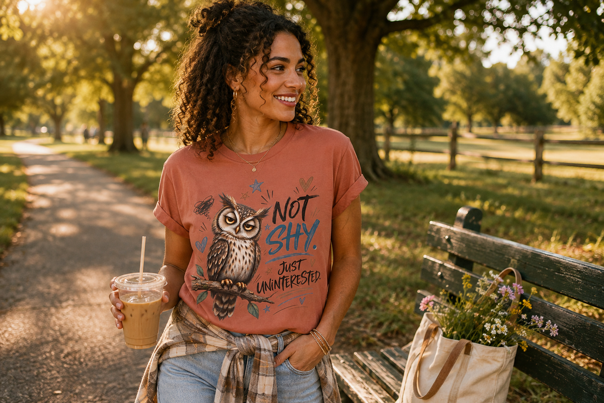 A woman stands on a park path wearing a coral pink graphic t-shirt with an owl illustration and the text 'NOT SHY. JUST UNAPPEALABLE.