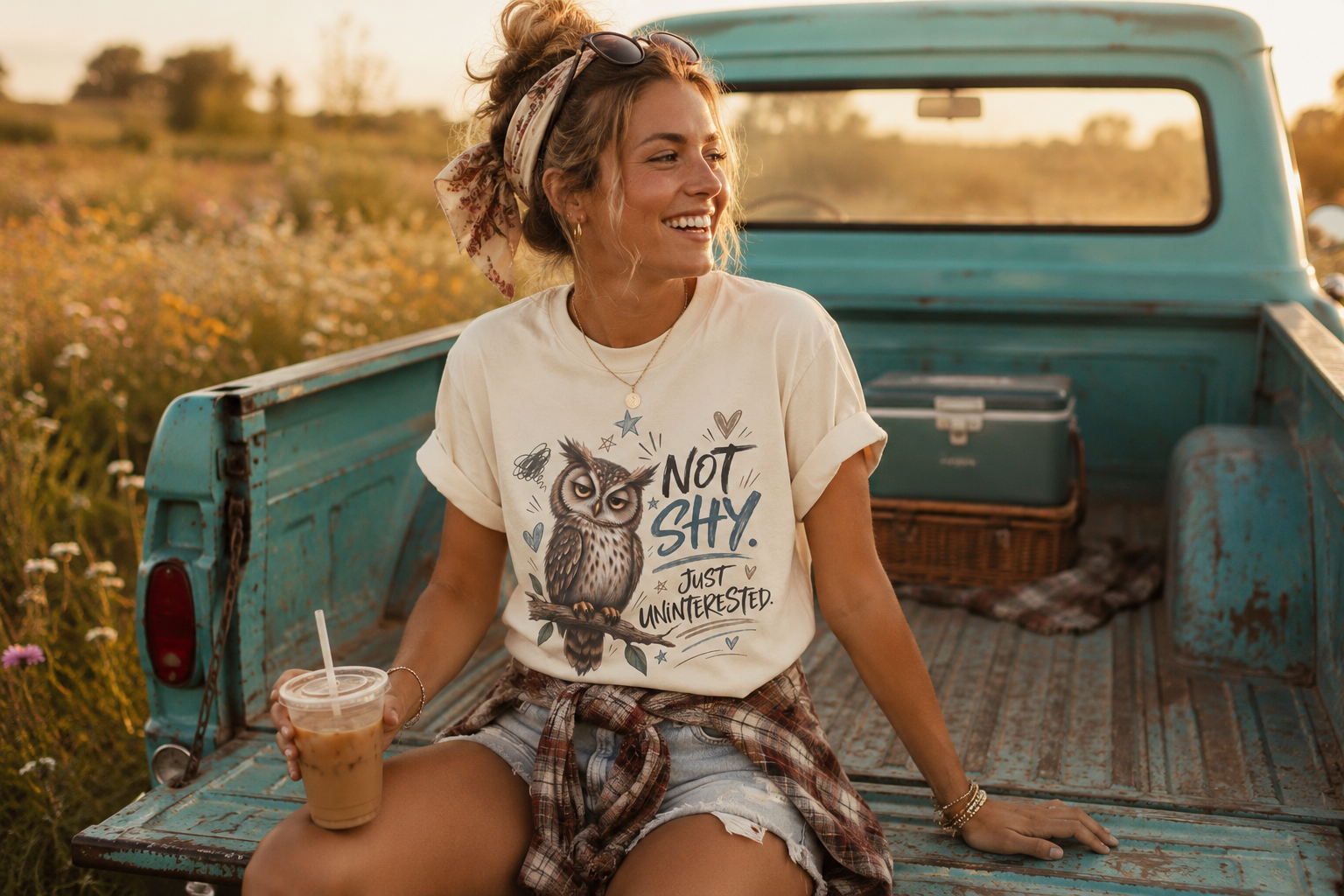 A woman sitting in the bed of a vintage turquoise pickup truck outdoors at sunset, wearing a cream graphic T-shirt with an owl illustration and the text 'NOT SHY JUST UNWAREED'. She is holding an iced coffee and wearing denim shorts and a plaid shirt tied around her waist.