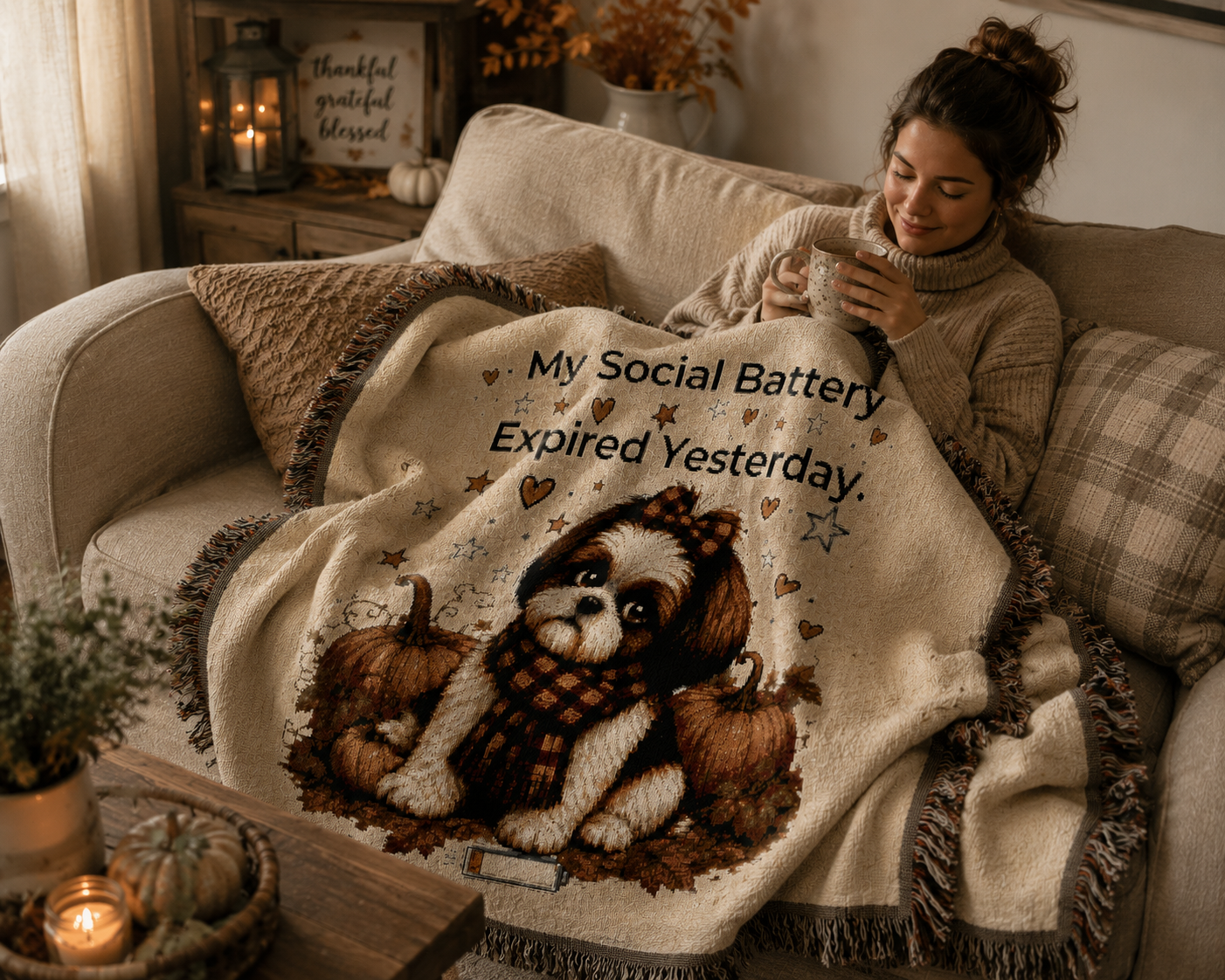 A cozy living room scene with a woman reclining on a beige couch wrapped in a cream throw blanket featuring a Shih Tzu dog illustration and the text 'My Social Battery Expired Yesterday.' The blanket has fringe edges and is styled with autumn decor, candles, and plaid pillows.