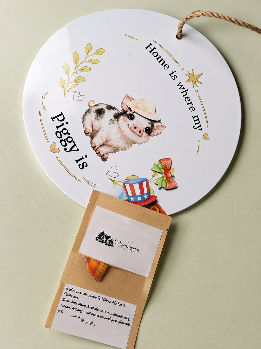 Decorative sign with a pig illustration and text on a light green background