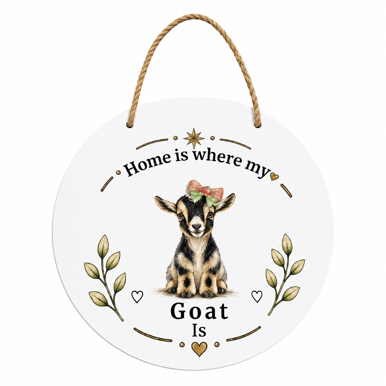 Round white hanging door hanger with a rope handle, featuring an illustrated baby goat in the center and the text 'Home is where my Goat Is' with decorative gold accents and leaves on a white background.