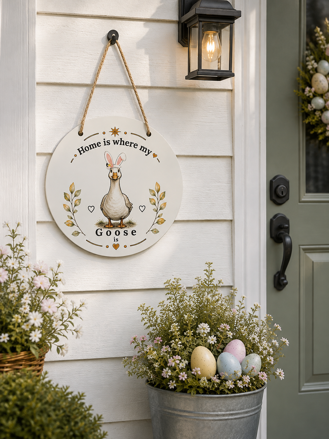 A round decorative hanging sign with a goose illustration and the phrase “Home is where my Goose is,” displayed on a white paneled wall above a potted plant with pastel Easter eggs. A black lantern light and green front door are visible in the scene.