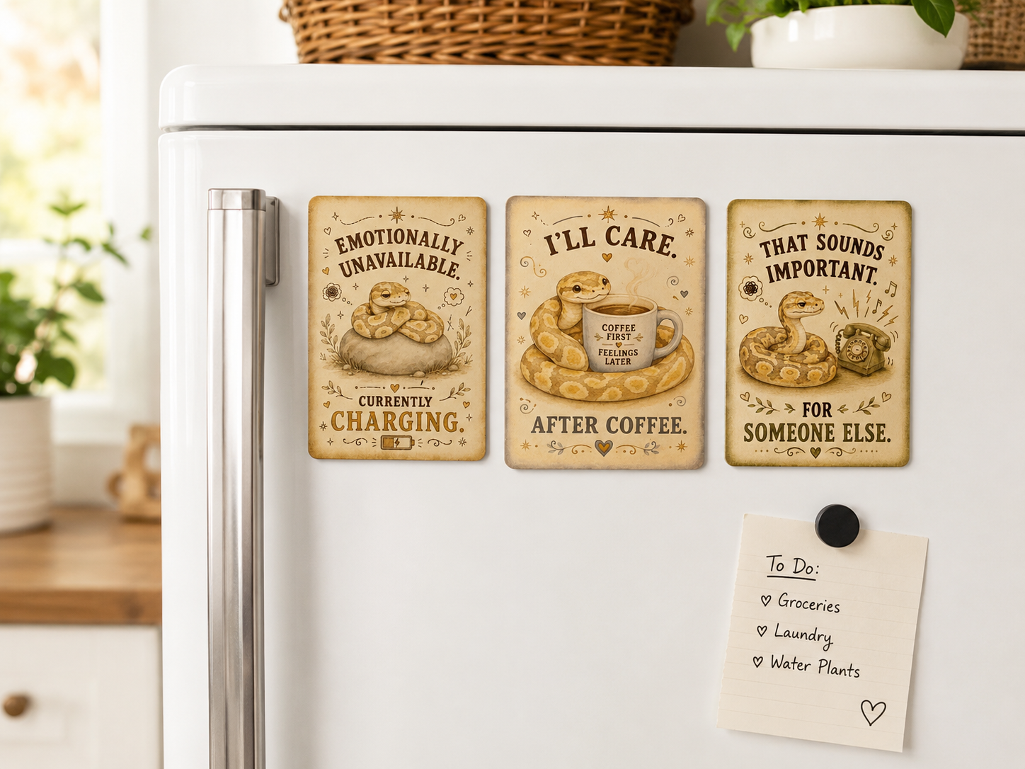 Fridge with snake-themed magnets and a note on a kitchen counter
